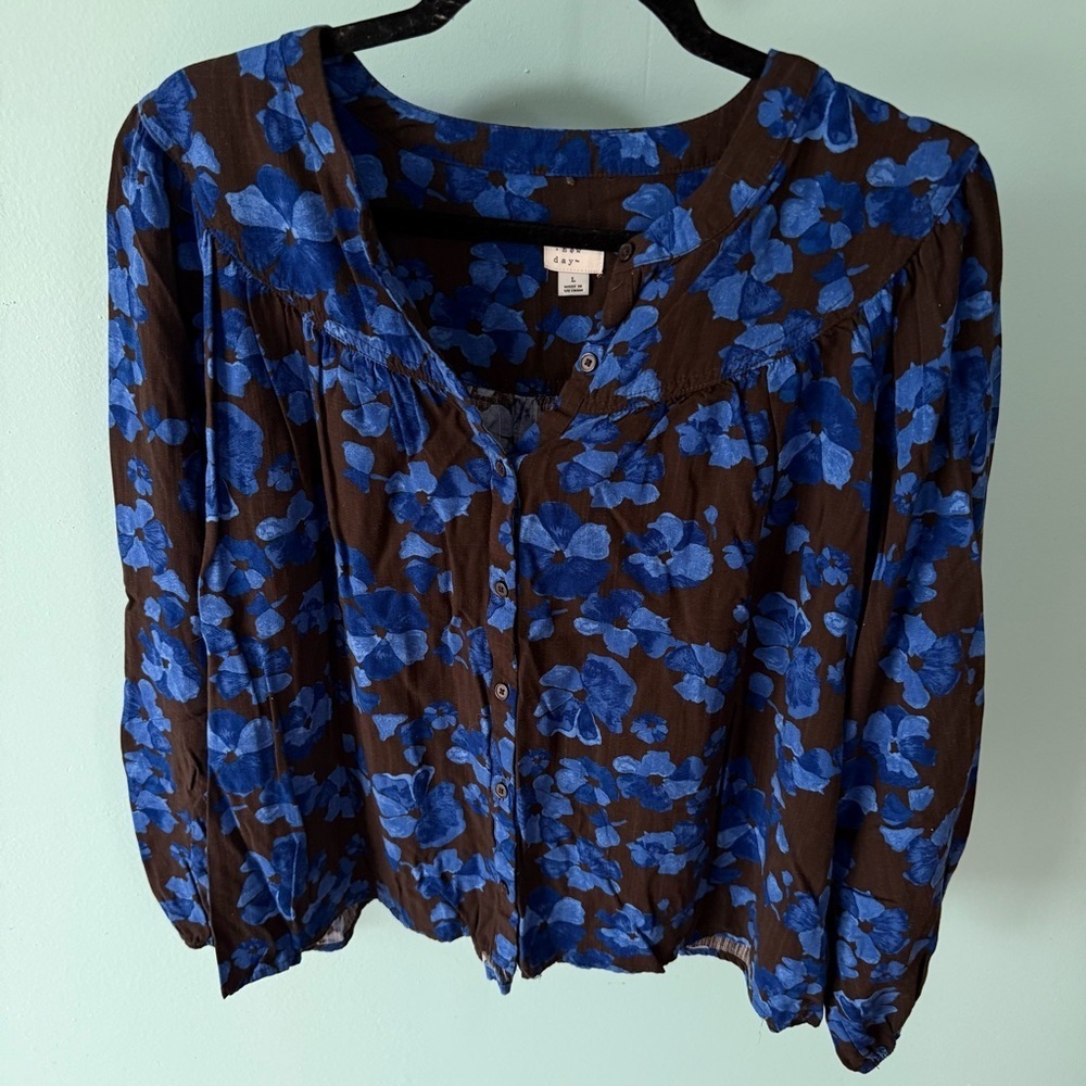 Women's Long Sleeve Button-Front Blouse-A New Day-Blue Size Large - Picture 3 of 8